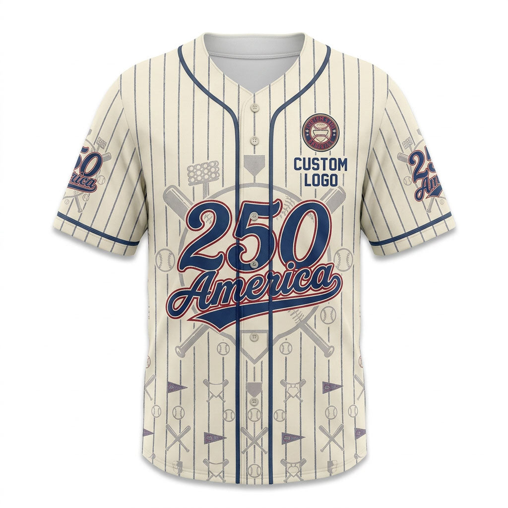 Premium product flatlay of the custom 250 America pinstripe baseball jersey in cream color, isolated on a clean white background showing the full front artwork.