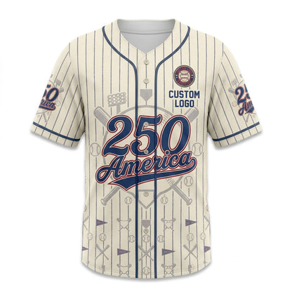 Premium product flatlay of the custom 250 America pinstripe baseball jersey in cream color, isolated on a clean white background showing the full front artwork.