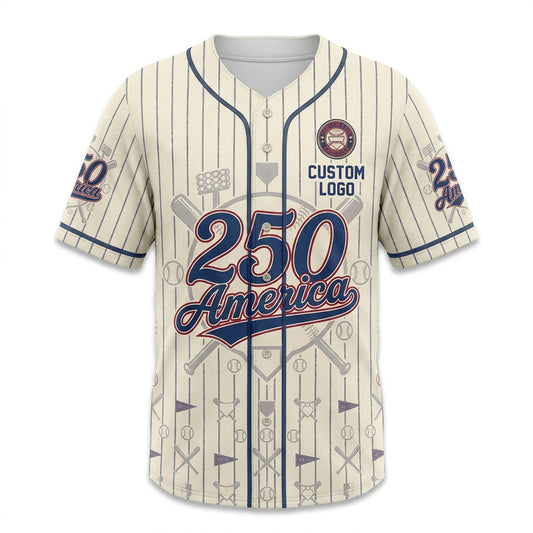 Premium product flatlay of the custom 250 America pinstripe baseball jersey in cream color, isolated on a clean white background showing the full front artwork.
