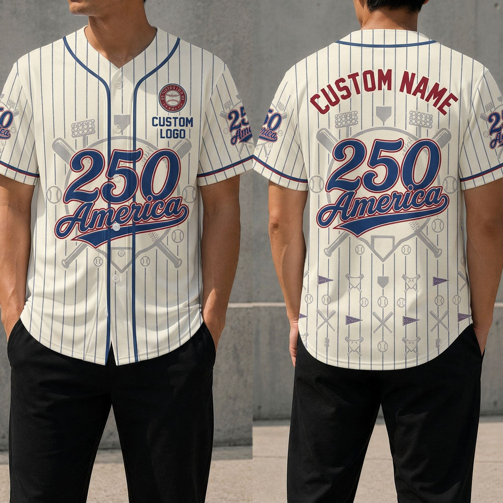 Front and back view of a cream pinstripe America 250th anniversary baseball jersey with custom name text, 250 America graphic, and dark blue piping.