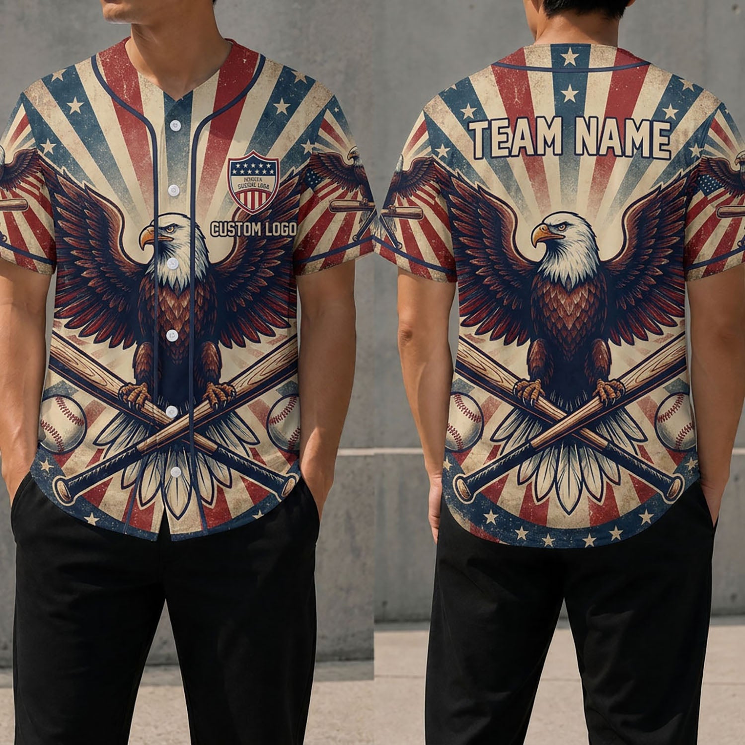 Front and back view of a vintage American eagle baseball jersey with crossed bats and baseball graphics