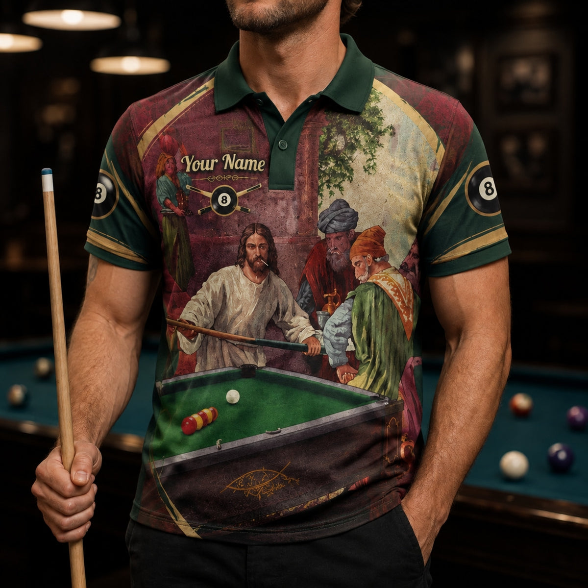 Vintage Billiards Painting Graphic Personalized Billiard Polo Shirt Front View