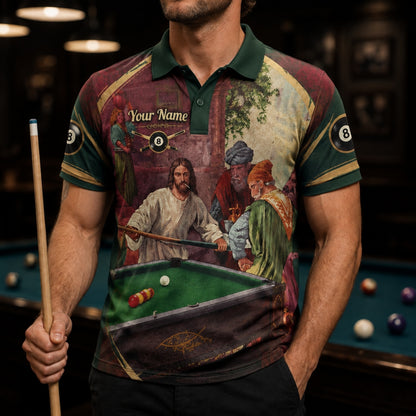 Vintage Billiards Painting Graphic Personalized Billiard Polo Shirt Front View
