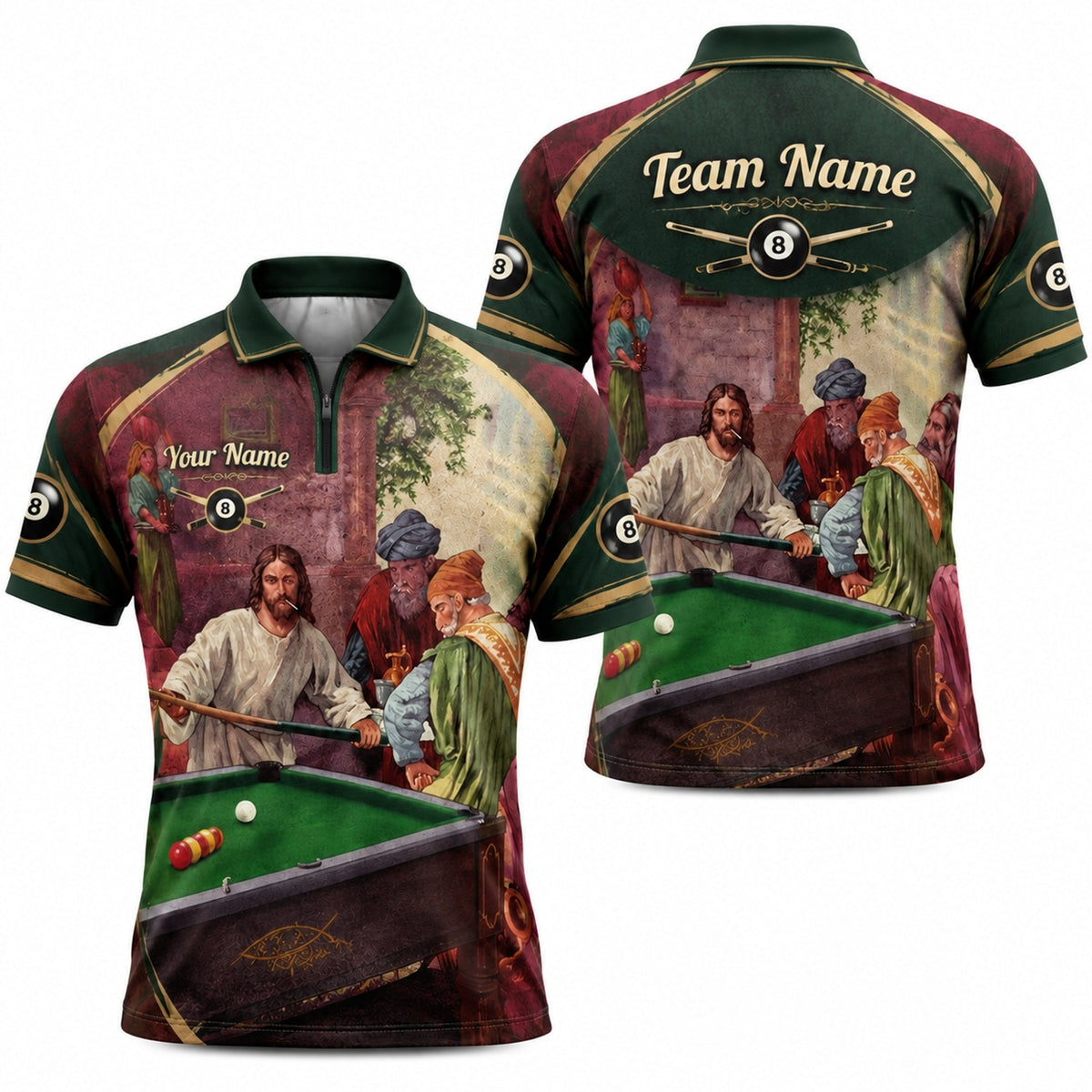 Vintage Billiards Painting Graphic Personalized Billiard Polo Shirt Jersey Zip 1 4 Collar