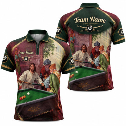 Vintage Billiards Painting Graphic Personalized Billiard Polo Shirt Jersey Zip 1 4 Collar