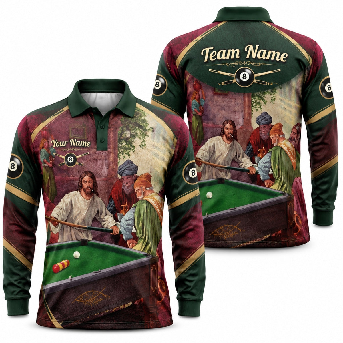 Vintage Billiards Painting Graphic Personalized Billiard Polo Shirt Long Sleeve Polo