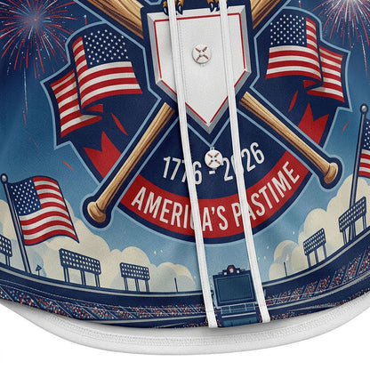 Close-Up Detail Of High-Definition Sublimation Print Showcasing The America's Pastime Badge And Fireworks