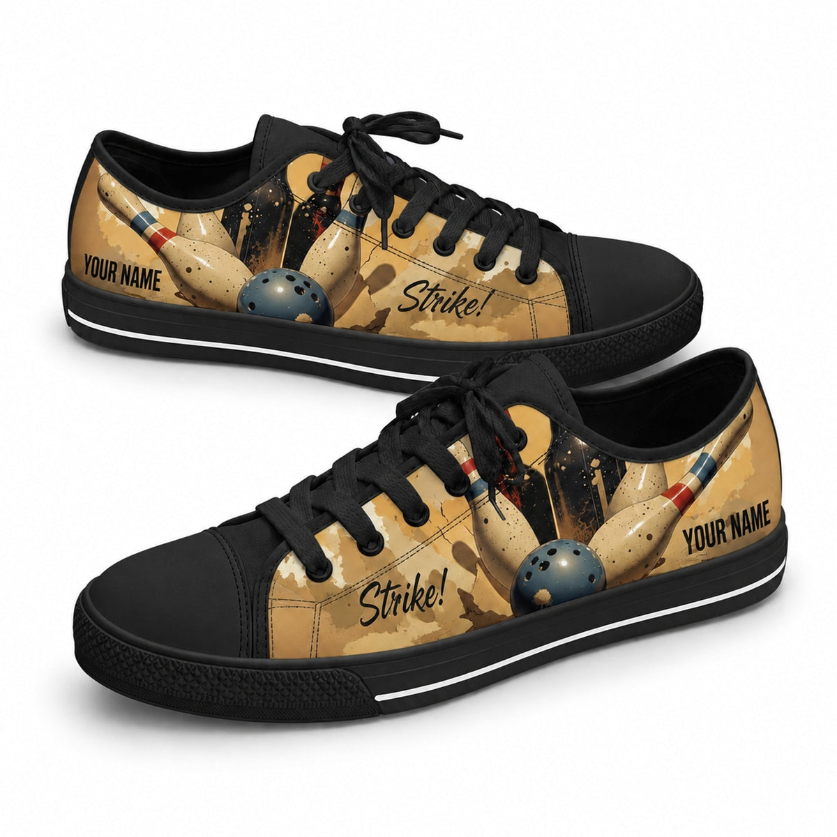 Vintage Bowling Strike Design Graphic Personalized Low Top Shoes Black Shoes