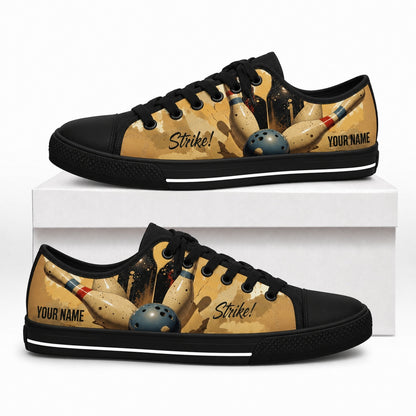 Vintage Bowling Strike Design Graphic Personalized Low Top Shoes Box Black