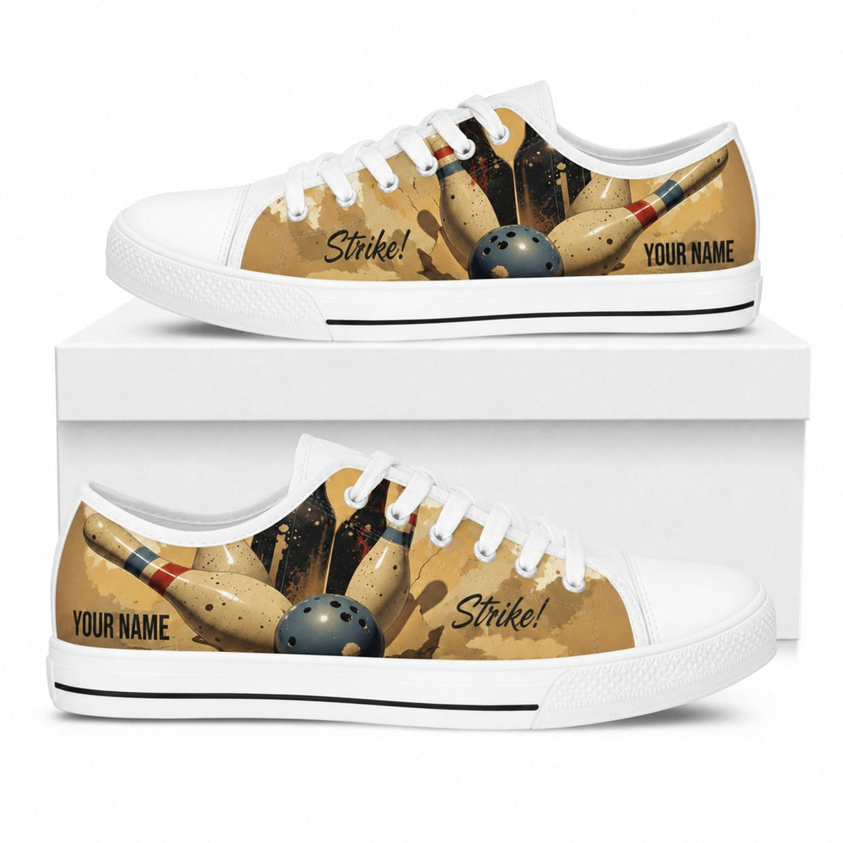 Vintage Bowling Strike Design Graphic Personalized Low Top Shoes Box White