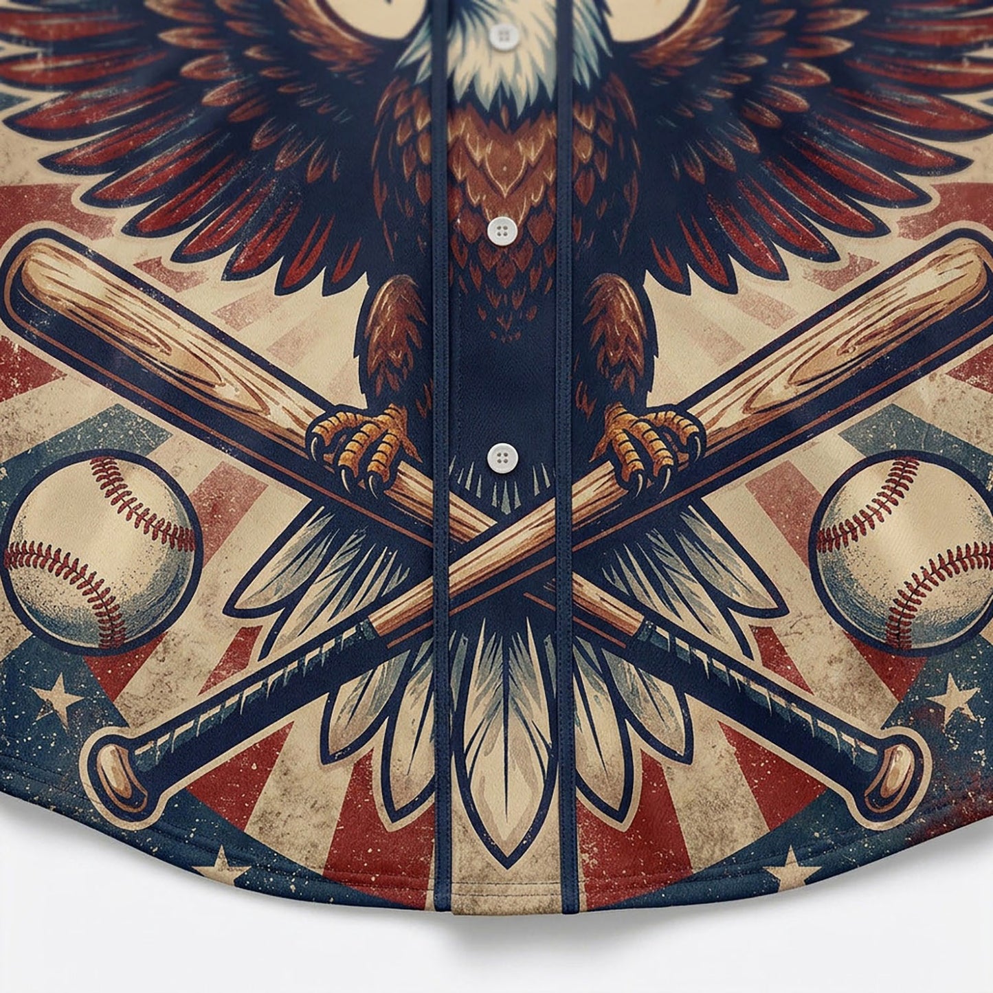 Close-up of the vintage eagle and baseball motifs on a patriotic button-down jersey