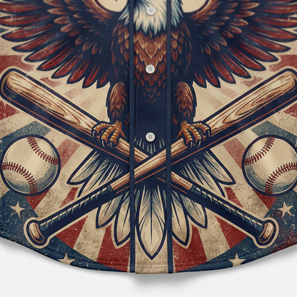Close-up of the vintage eagle and baseball motifs on a patriotic button-down jersey