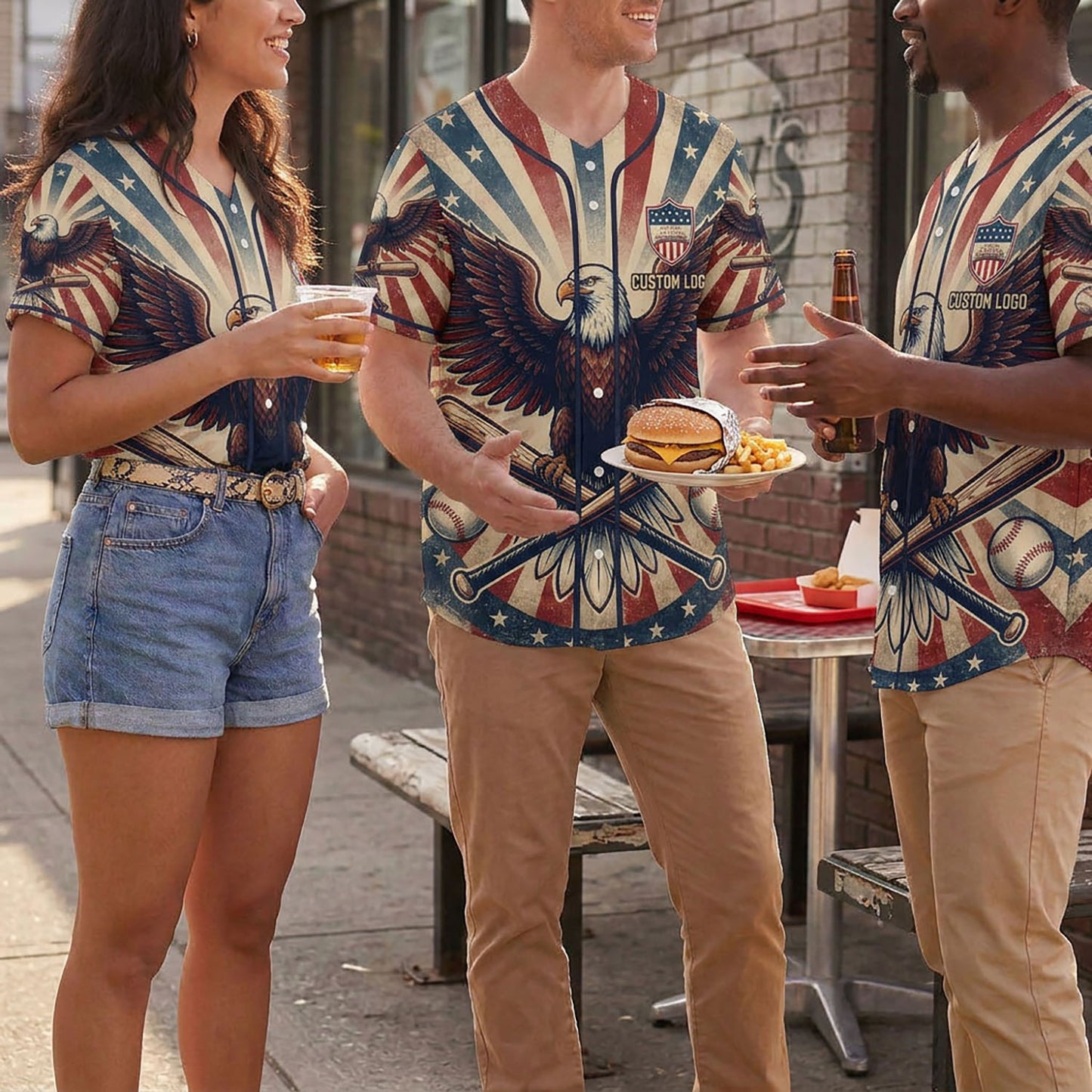 Three people wearing patriotic vintage eagle baseball jerseys in a casual outdoor setting