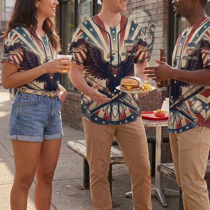 Three people wearing patriotic vintage eagle baseball jerseys in a casual outdoor setting