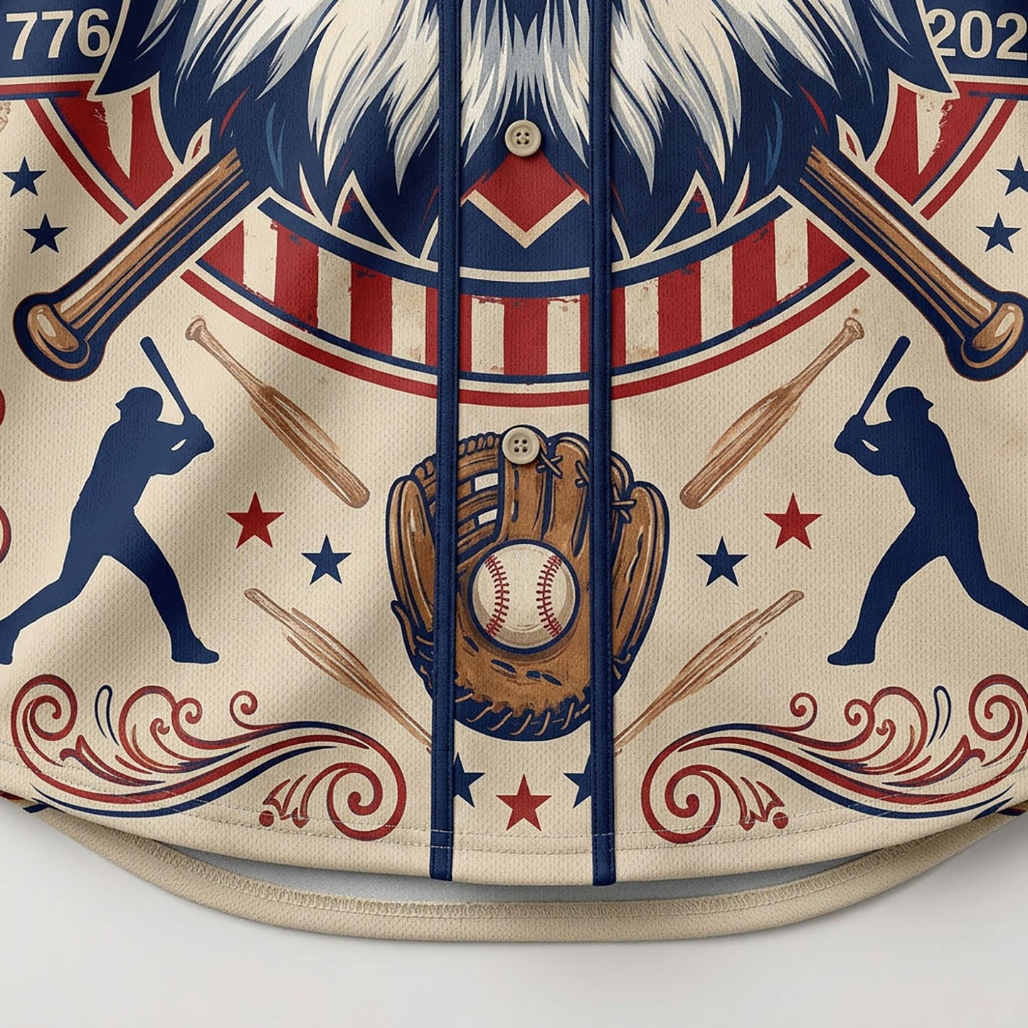 Close-Up Detail Of High-Definition Sublimation Print Showcasing The Eagle And Baseball Glove Graphic On A Heritage Jersey