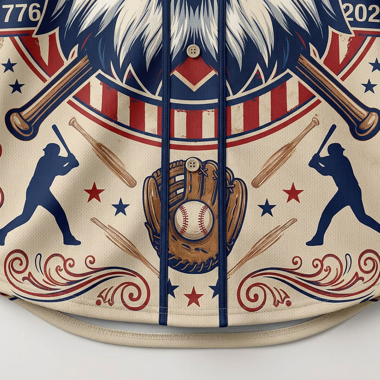 Close-Up Detail Of High-Definition Sublimation Print Showcasing The Eagle And Baseball Glove Graphic On A Heritage Jersey