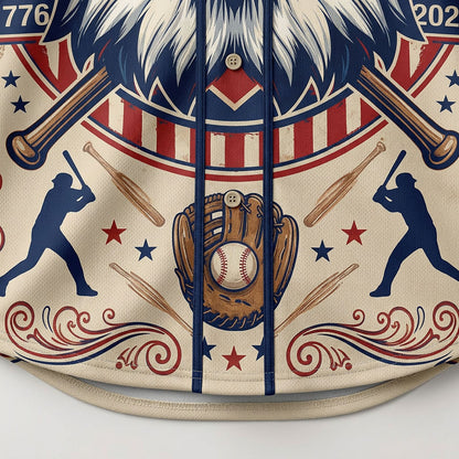 Close-Up Detail Of High-Definition Sublimation Print Showcasing The Eagle And Baseball Glove Graphic On A Heritage Jersey