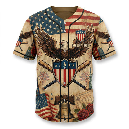 Full view of the patriotic USA baseball jersey with eagle, shield, and crossed bat motifs, ideal for Independence Day apparel