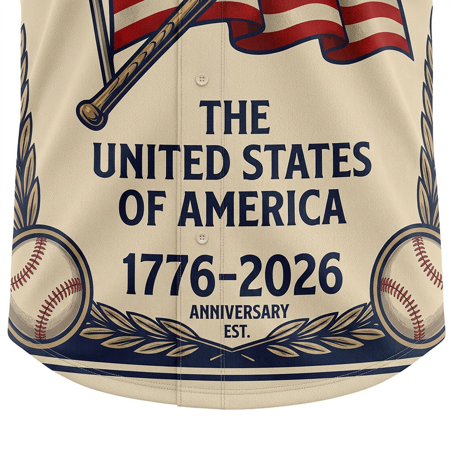Close-up of high-definition print showcasing the "The United States of America 1776-2026" graphic on a baseball jersey