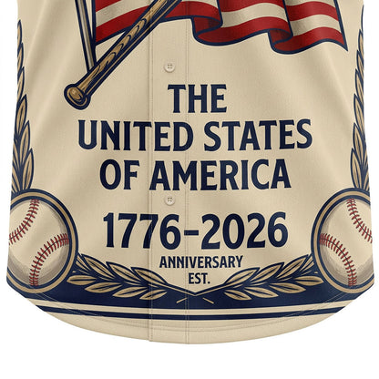 Close-up of high-definition print showcasing the "The United States of America 1776-2026" graphic on a baseball jersey
