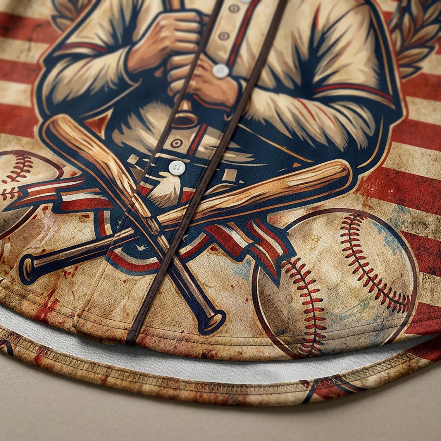 Close-Up Detail Of High-Definition Sublimation Print Showcasing The Benjamin Franklin Portrait And Baseball Motifs