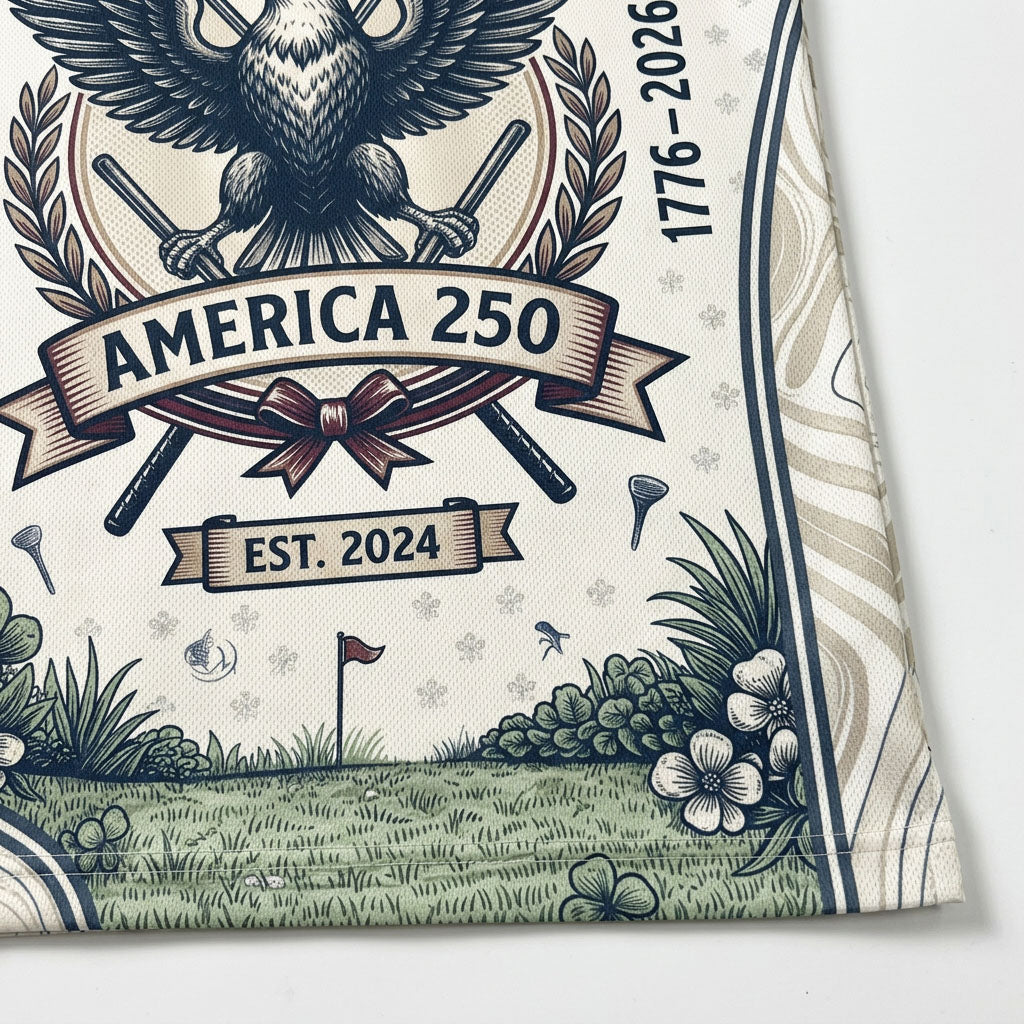 Close-up shot of the high-definition printed ink bald eagle crest, big golf ball, 1776-2026 texts, and America 250 ribbon.
