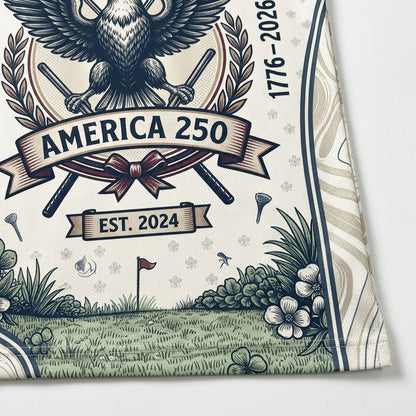 Close-up shot of the high-definition printed ink bald eagle crest, big golf ball, 1776-2026 texts, and America 250 ribbon.