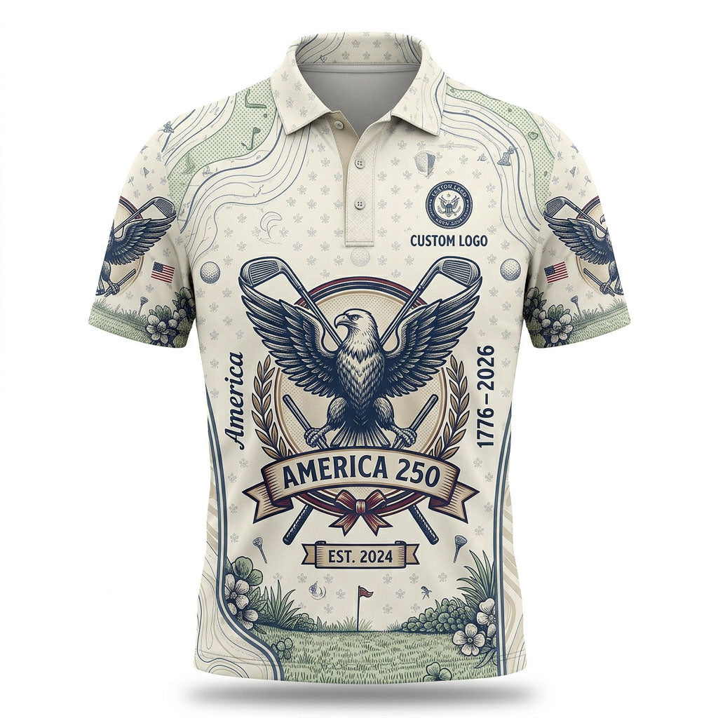 Front view of a vintage cream USA Ink Eagle America 250 topographic golf polo shirt with custom player name option line.