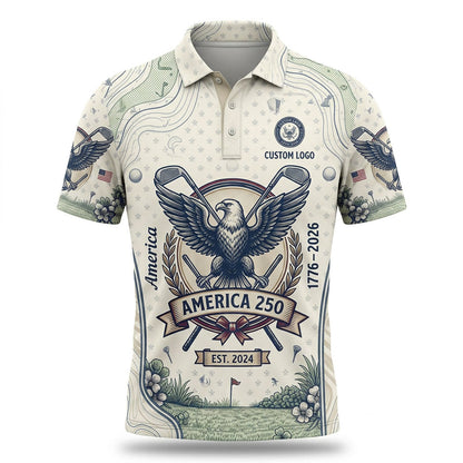 Front view of a vintage cream USA Ink Eagle America 250 topographic golf polo shirt with custom player name option line.
