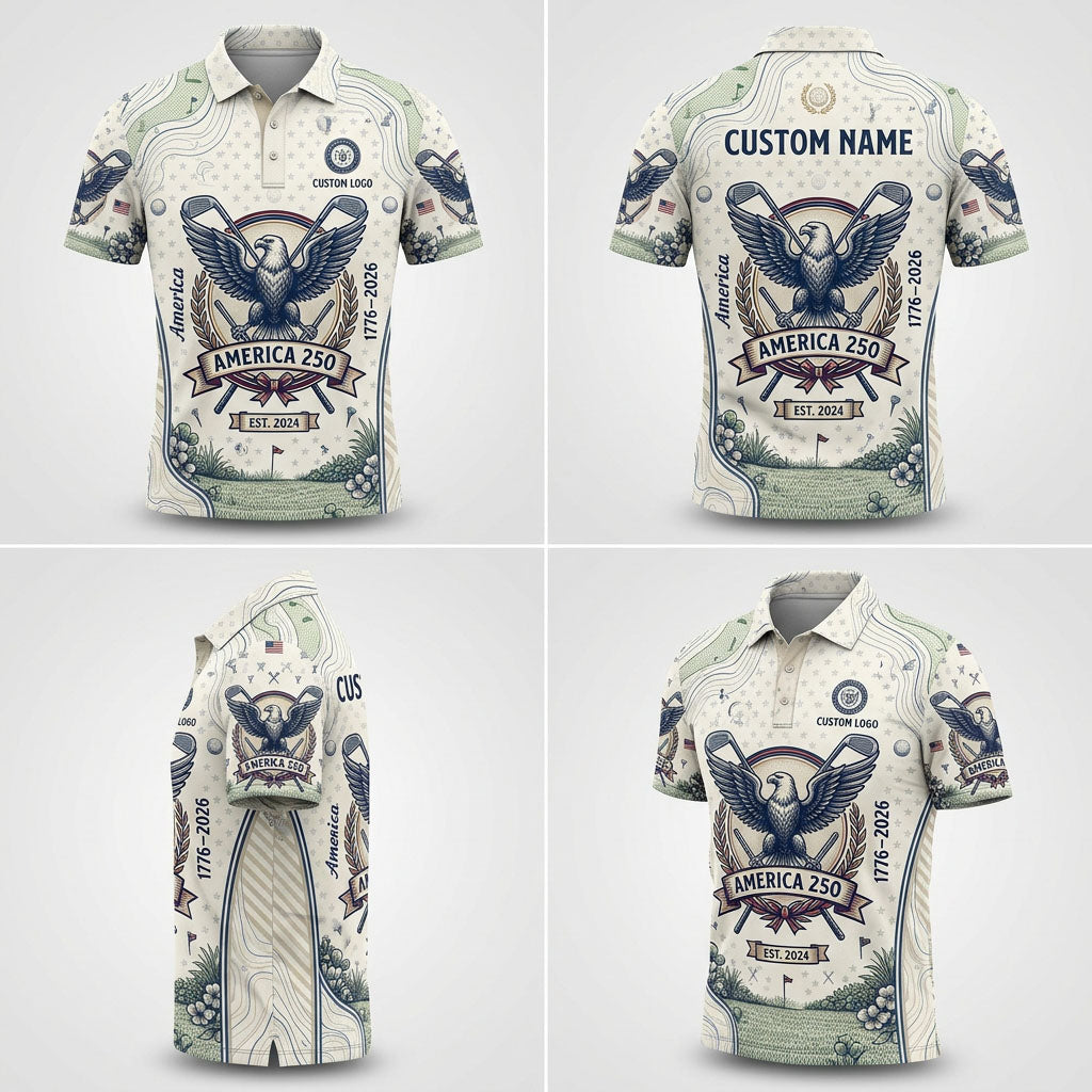 Multi-angle product display grid showcasing the front, back, topographic design lines, and athletic tailored fit of the polo shirt.