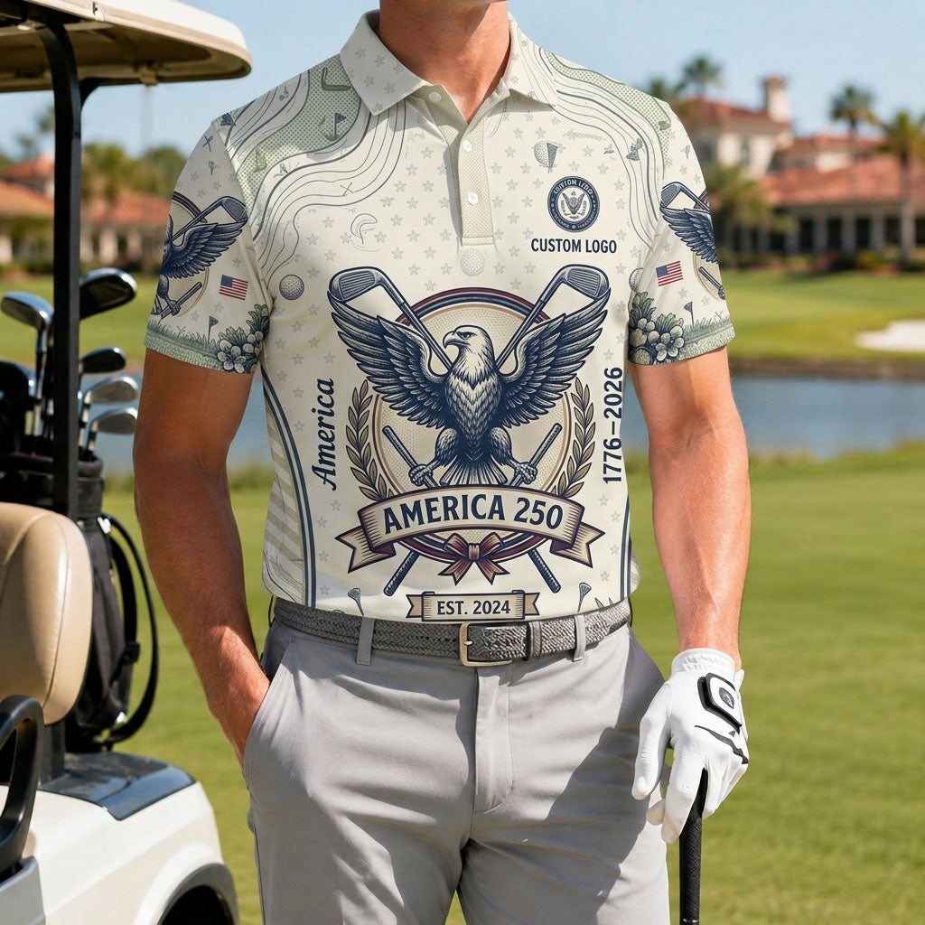 A male golfer wearing the customized USA Ink Eagle 250 topo polo standing proudly on a premium country club fairway green.