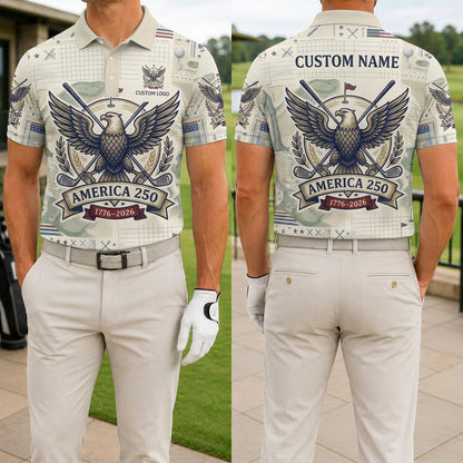 Front and back view of a personalized USA Ink Eagle 250 topo polo shirt showing the custom name printing area on the back.