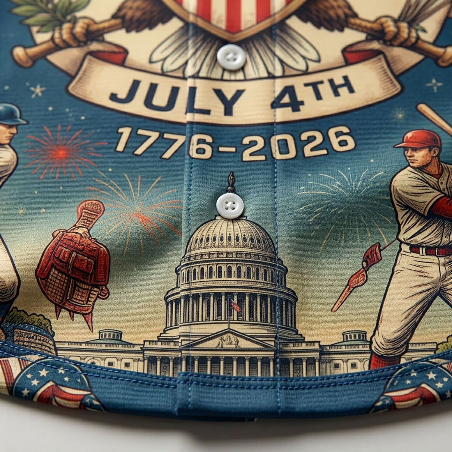 Close-Up Detail Of High-Definition Sublimation Print Showcasing The July 4th 1776-2026 Badge And Capitol Building