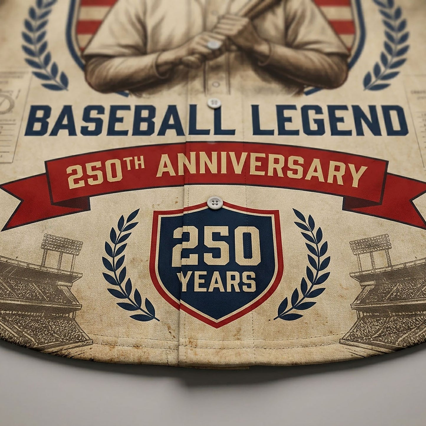 Close-Up Detail Of High-Definition Sublimation Print Showcasing The Baseball Legend Logo And 250th Anniversary Badge