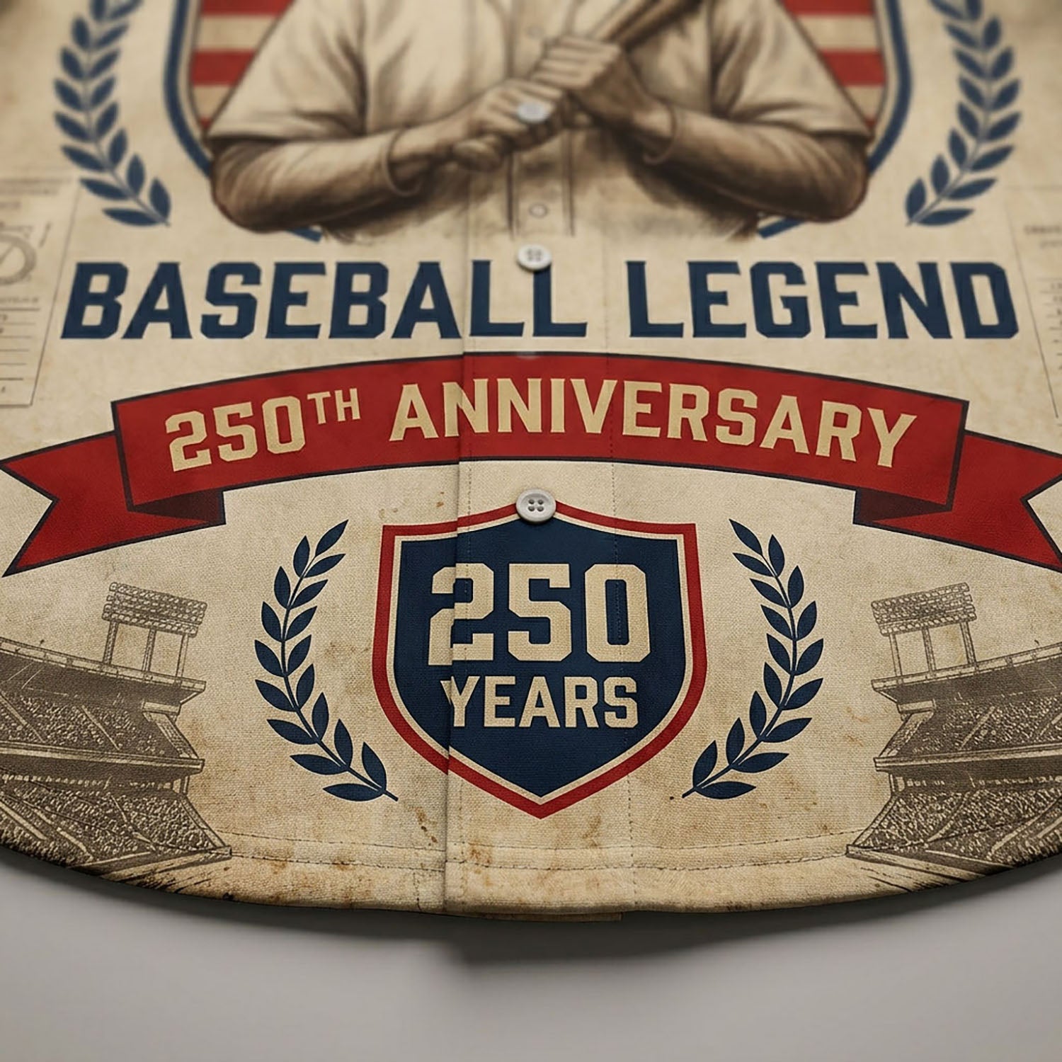 Close-Up Detail Of High-Definition Sublimation Print Showcasing The Baseball Legend Logo And 250th Anniversary Badge
