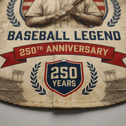 Close-Up Detail Of High-Definition Sublimation Print Showcasing The Baseball Legend Logo And 250th Anniversary Badge