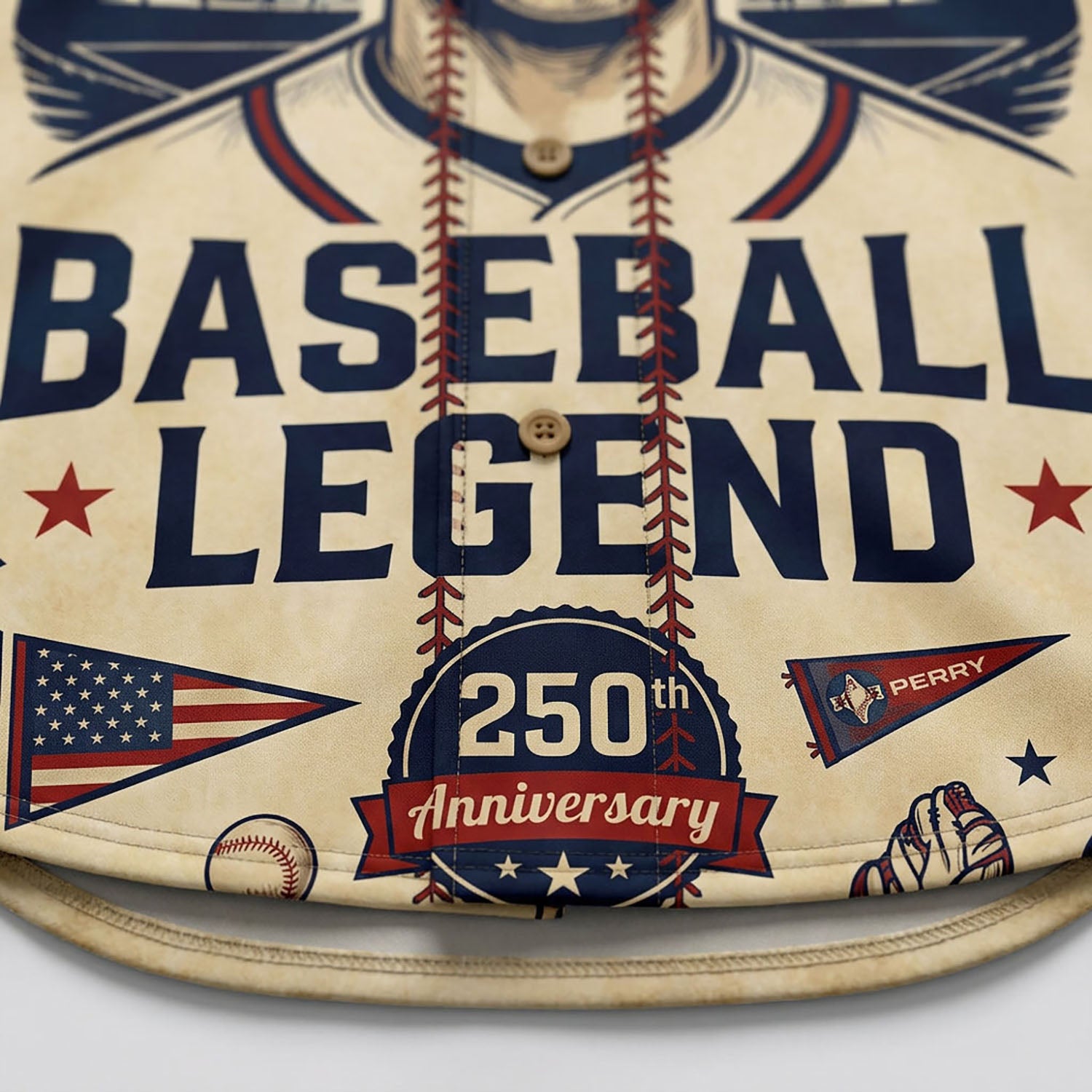 Close-Up Detail Of High-Definition Sublimation Print Showcasing The Baseball Legend Logo And 250th Anniversary Badge