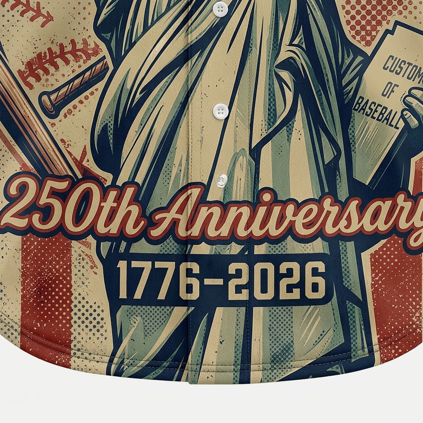 Close-Up Detail Of High-Definition Sublimation Print Showcasing The Statue Of Liberty And Baseball Elements