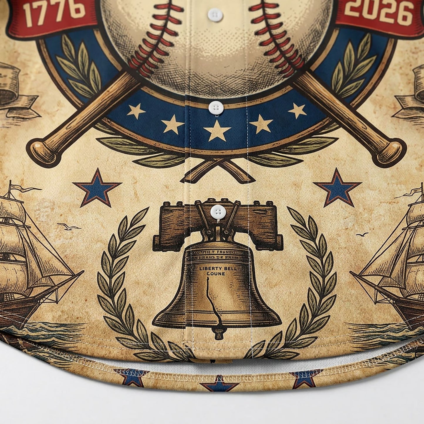 Close-Up Detail Of High-Definition Sublimation Print Showcasing The Liberty Bell And 1776-2026 Anniversary Badge