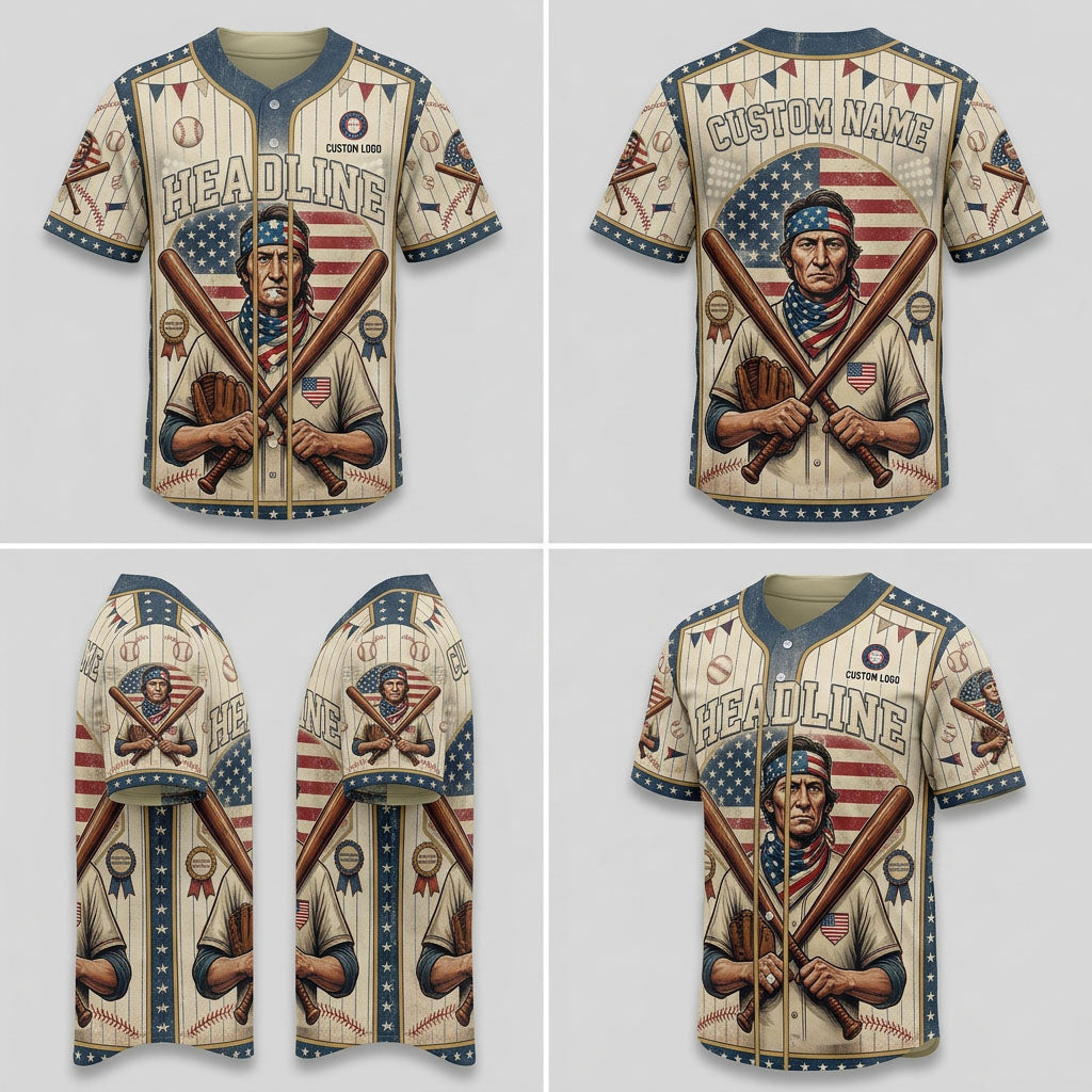 Product grid displaying multi-angle views of the patriotic baseball jersey
