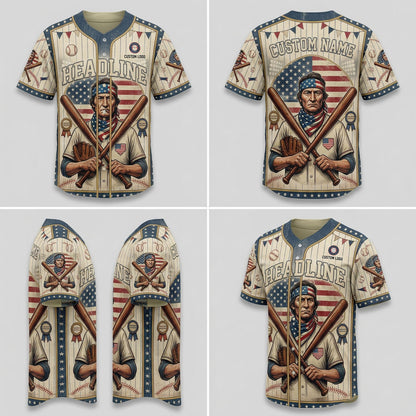 Product grid displaying multi-angle views of the patriotic baseball jersey