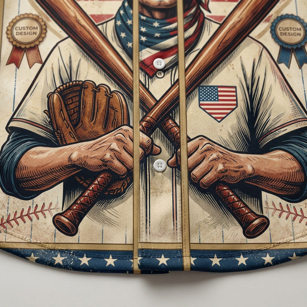 Detailed closeup showing the Native American baseball graphic and American flag embroidery