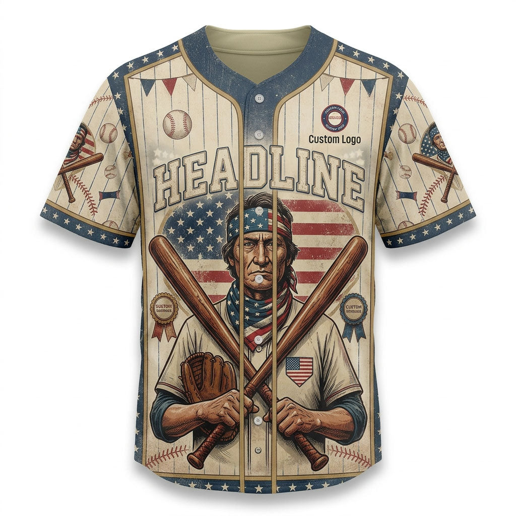 Flatlay view of the vintage-style patriotic baseball jersey