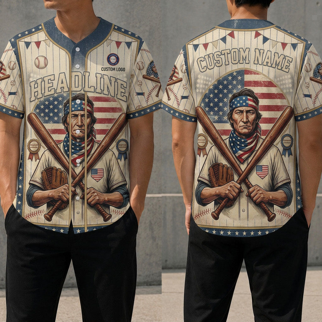 Front and back view of the vintage Native American patriotic baseball jersey