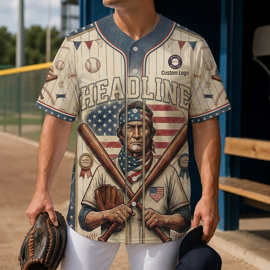 Model wearing a vintage-style Native American baseball jersey at a baseball field