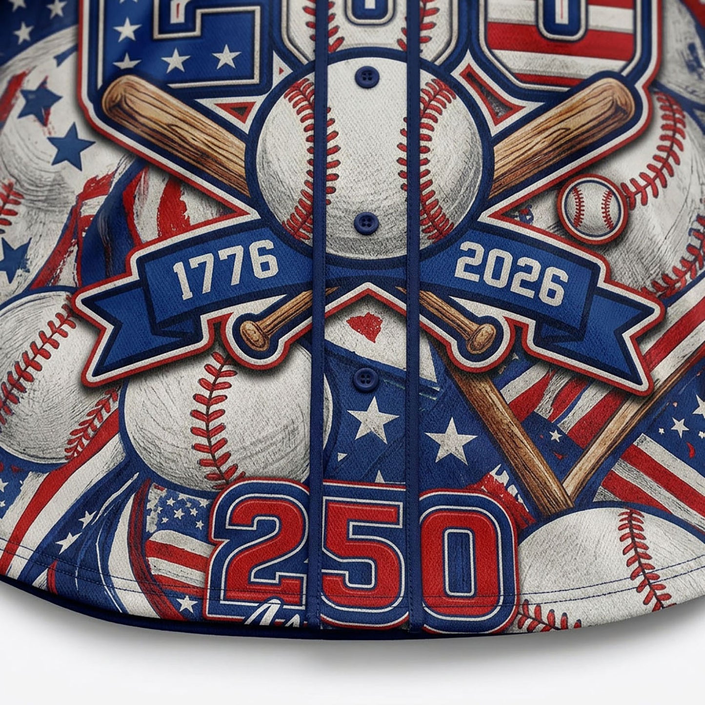 Close-Up Detail Of High-Definition Sublimation Print Showcasing The Number 250 With Crossed Bats And 1776-2026 Text
