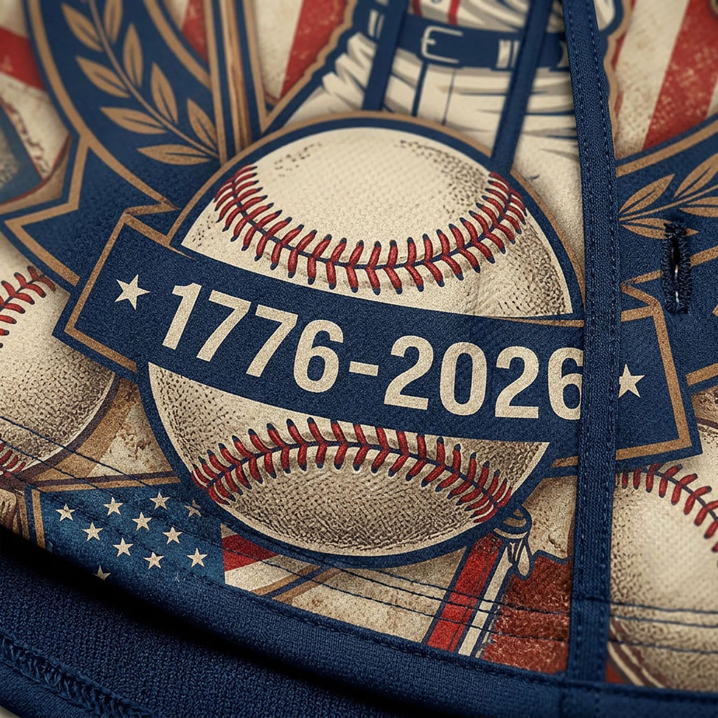 Close-Up Of High-Definition Sublimation Print Showcasing The "1776-2026" Commemorative Date On A Baseball Design Element