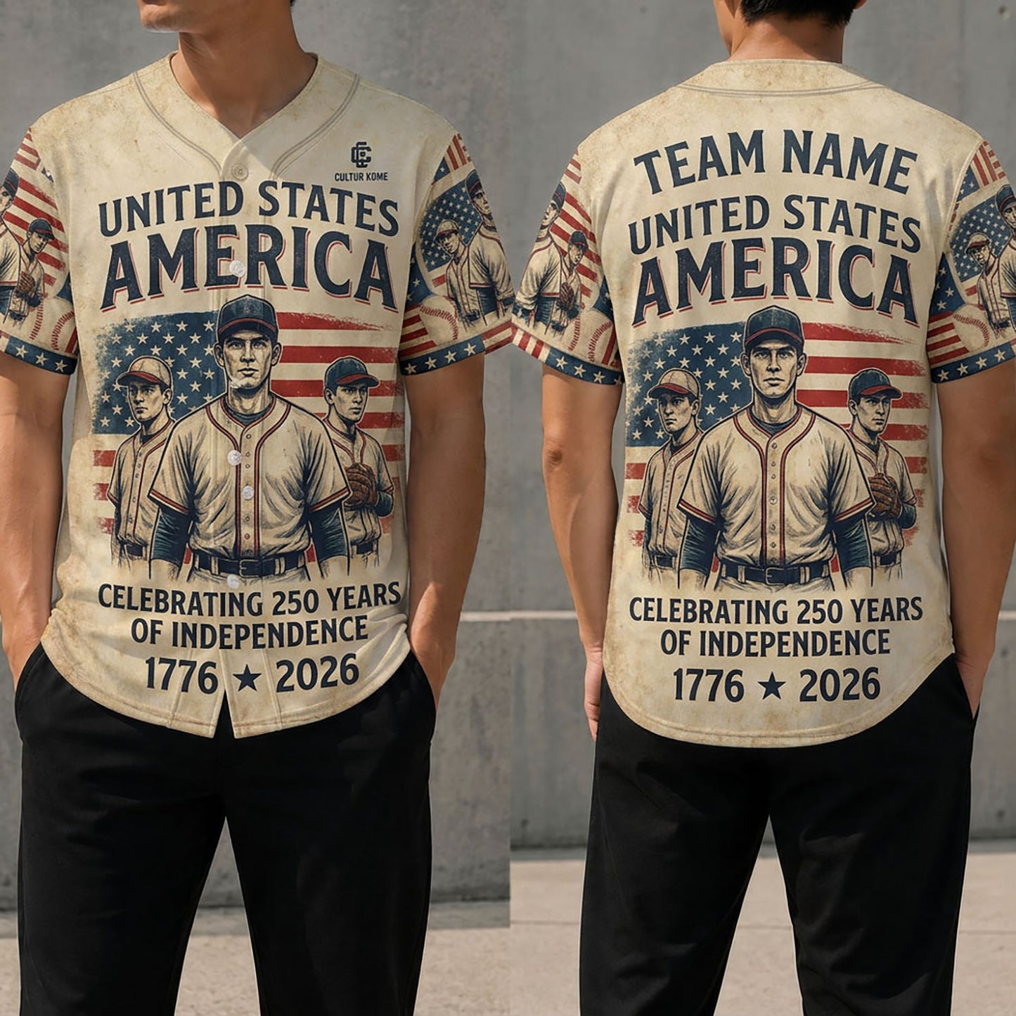 Front And Back View Of The Vintage Baseball Heritage Jersey Featuring Three Classic Players And An American Flag Design