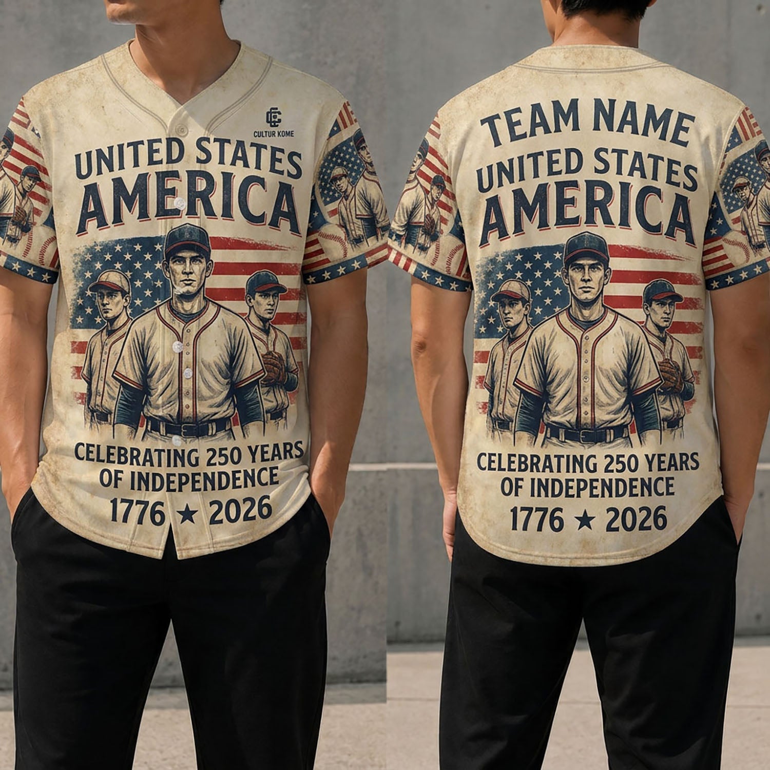 Front And Back View Of The Vintage Baseball Heritage Jersey Featuring Three Classic Players And An American Flag Design