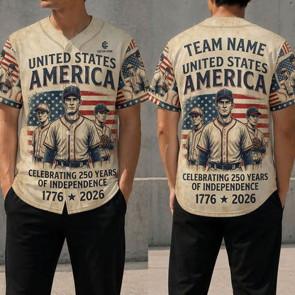 Front And Back View Of The Vintage Baseball Heritage Jersey Featuring Three Classic Players And An American Flag Design
